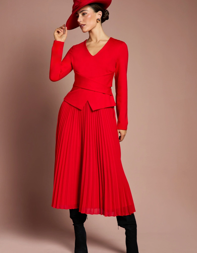 Lisa Tan Long Sleeve Ponte Bodice With Pleated Skirt Midi Dress
