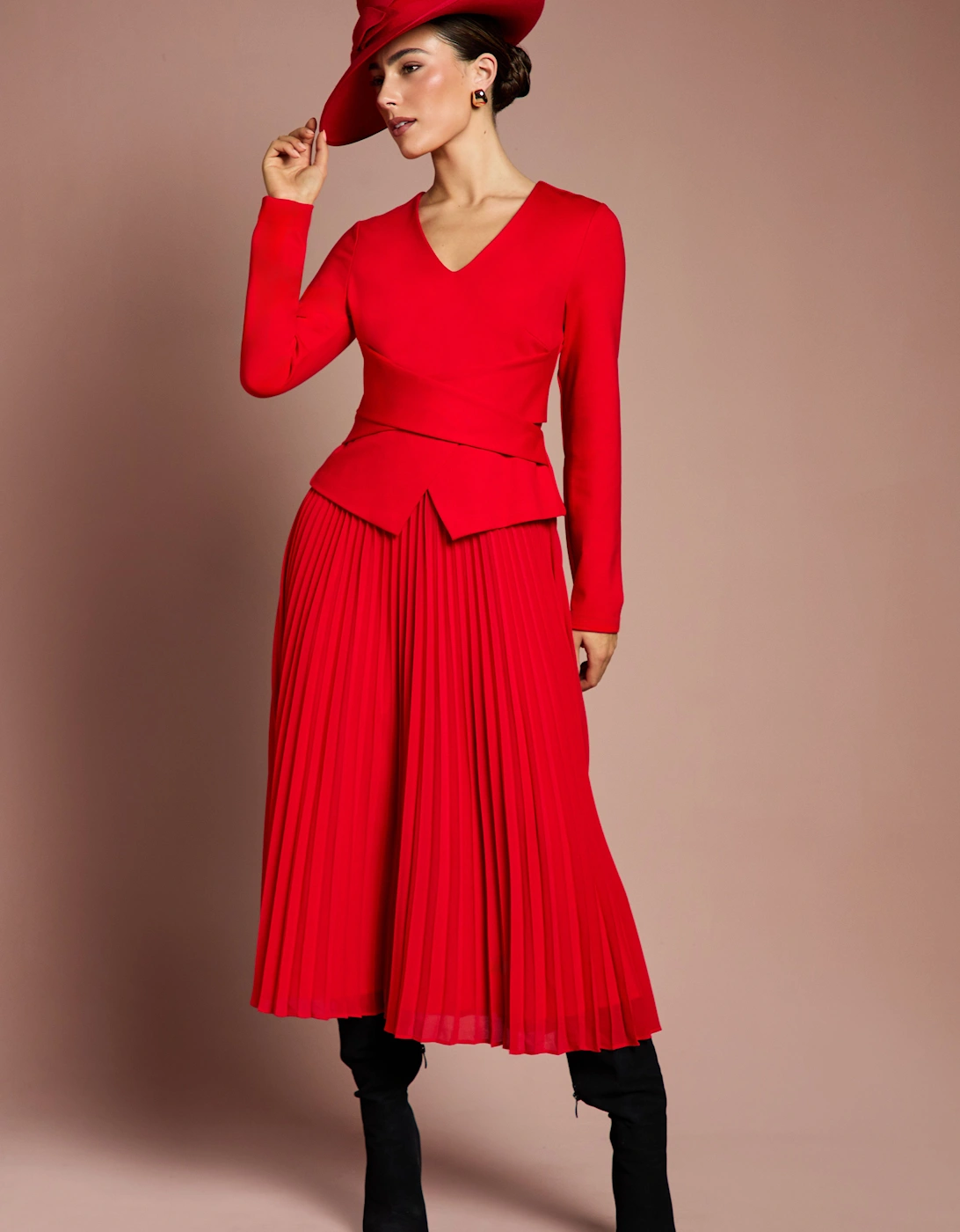 Lisa Tan Long Sleeve Ponte Bodice With Pleated Skirt Midi Dress, 2 of 1