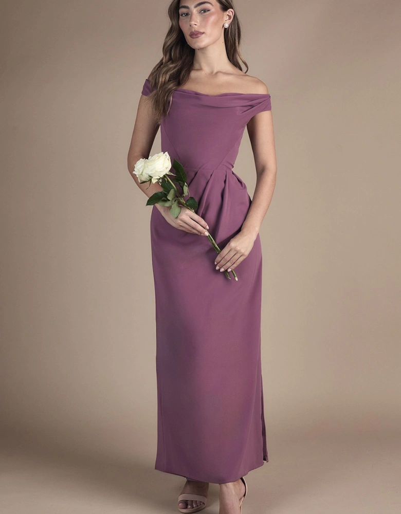 Crepe Bardot Ruched Maxi Bridesmaid Dress