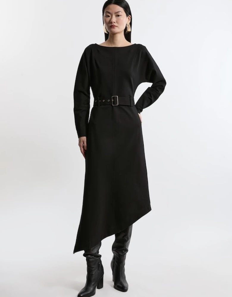Waterfall Hem Belted Ponte Jersey Maxi Dress
