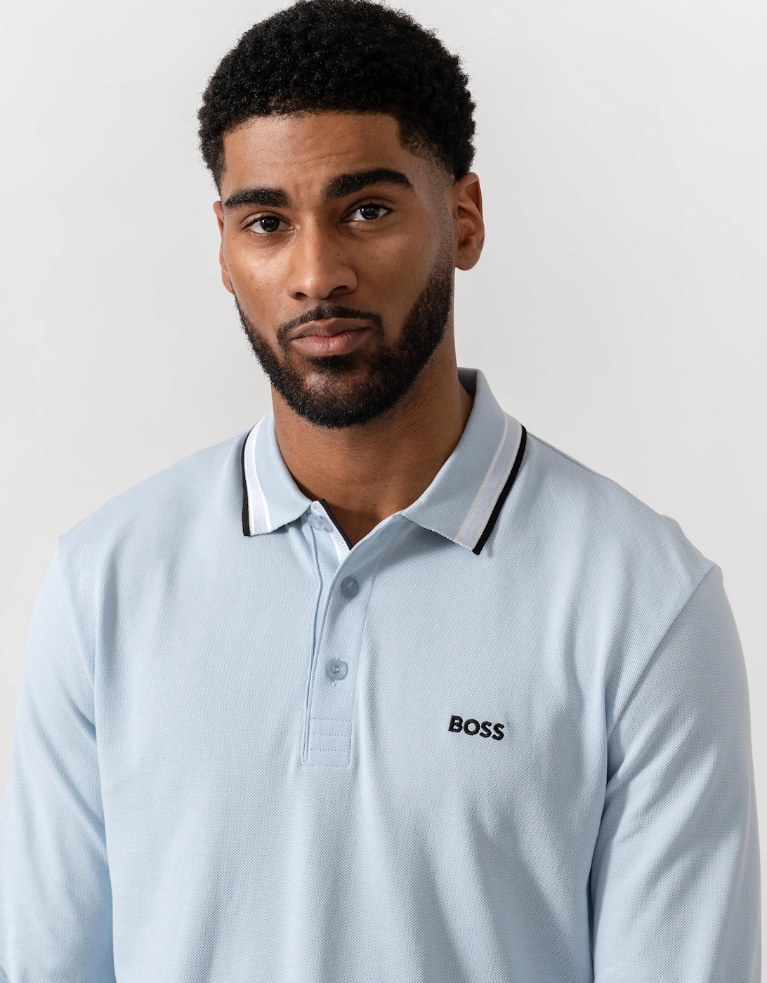 BOSS Green Mens Plisy Long Sleeve Polo Shirt - Open Blue 464