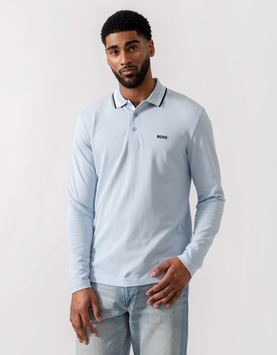 BOSS Green Mens Plisy Long Sleeve Polo Shirt - Open Blue 464, 5 of 4