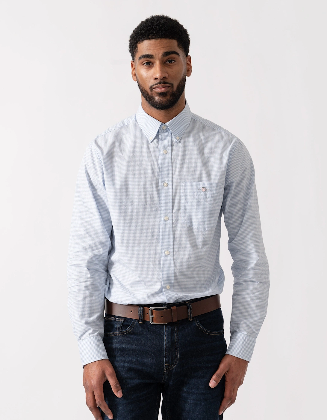 Gant Men's White Regular Fit Classic Poplin Gingham Shirt - 455 Light Blue  42/Regular Xl