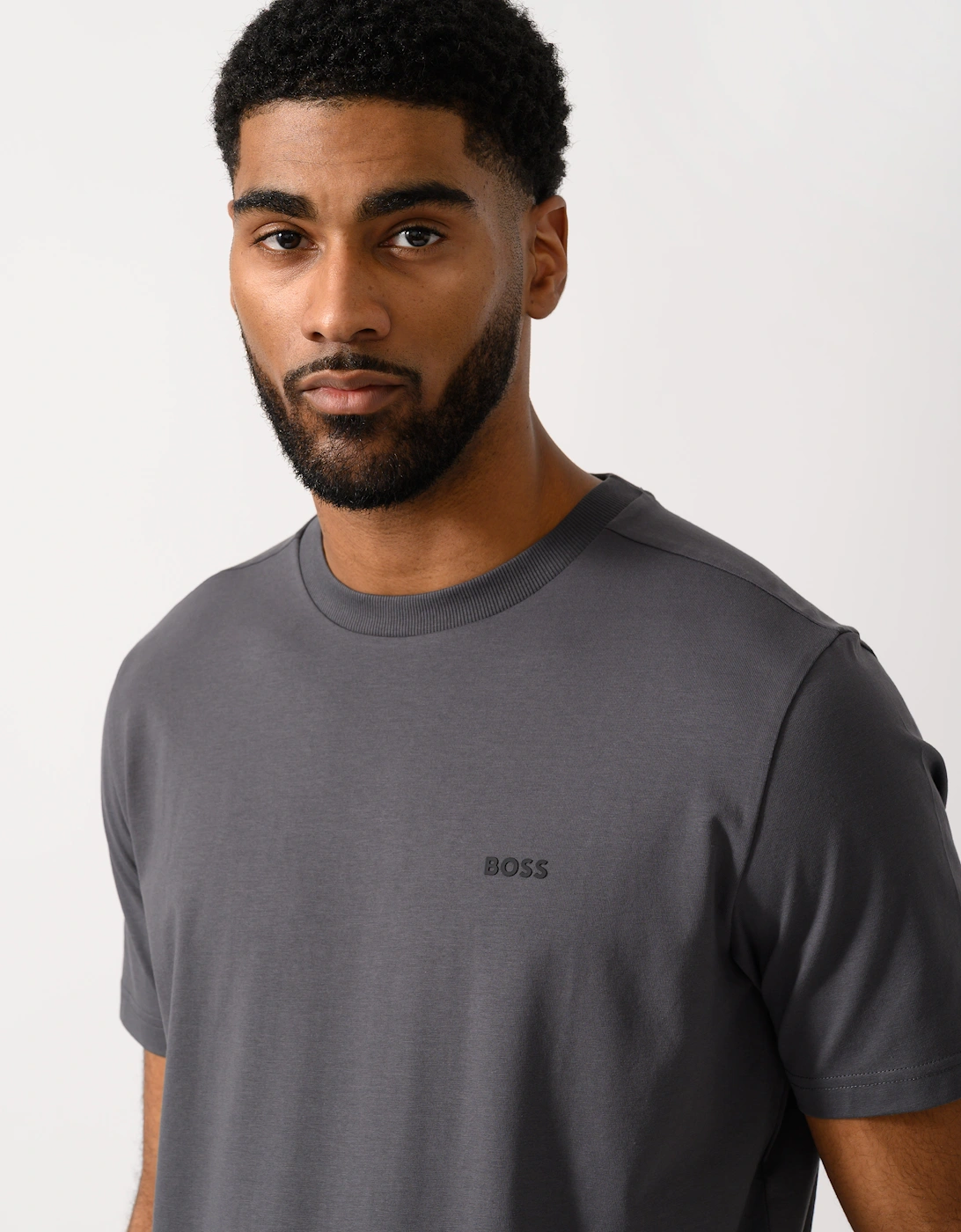 BOSS Green Tee Mens Stretch Cotton T-Shirt with Contrast Logo - Open Grey 071