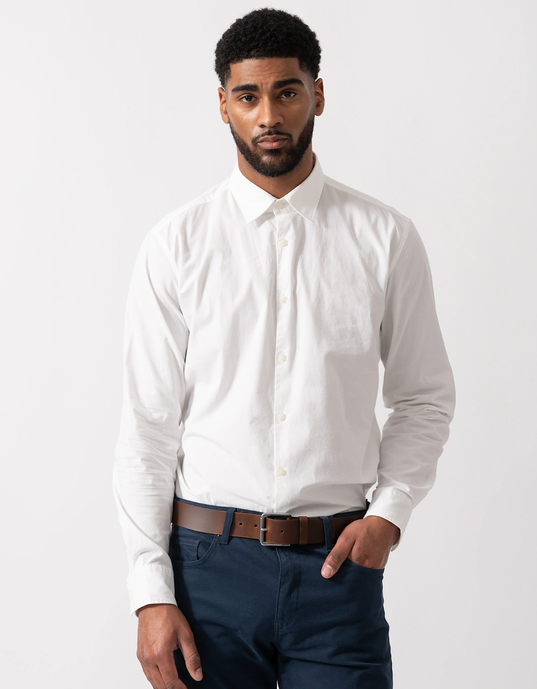 HUGO Mens Ermo Slim-Fit Shirt in Stretch-Cotton Canvas - Open White 199, 5 of 4