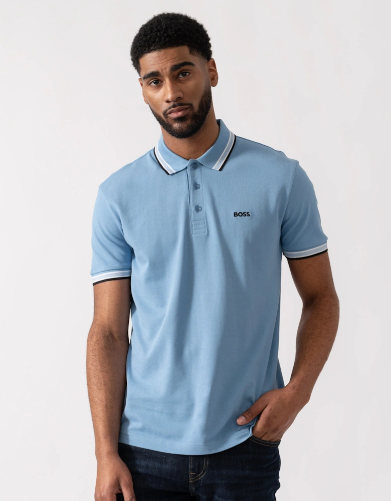 BOSS Green Mens Paddy Cotton-Piqué Polo Shirt with Contrast Logo - Open Blue 469