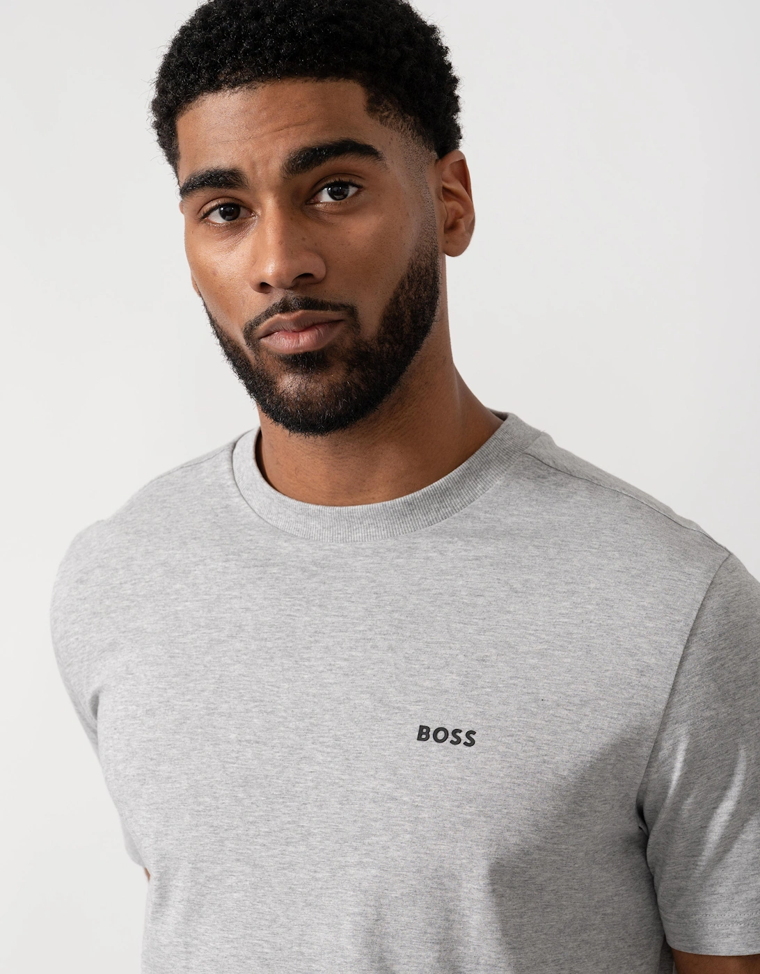 BOSS Green Mens Tee Stretch Cotton T-Shirt with Contrast Logo - Silver 043