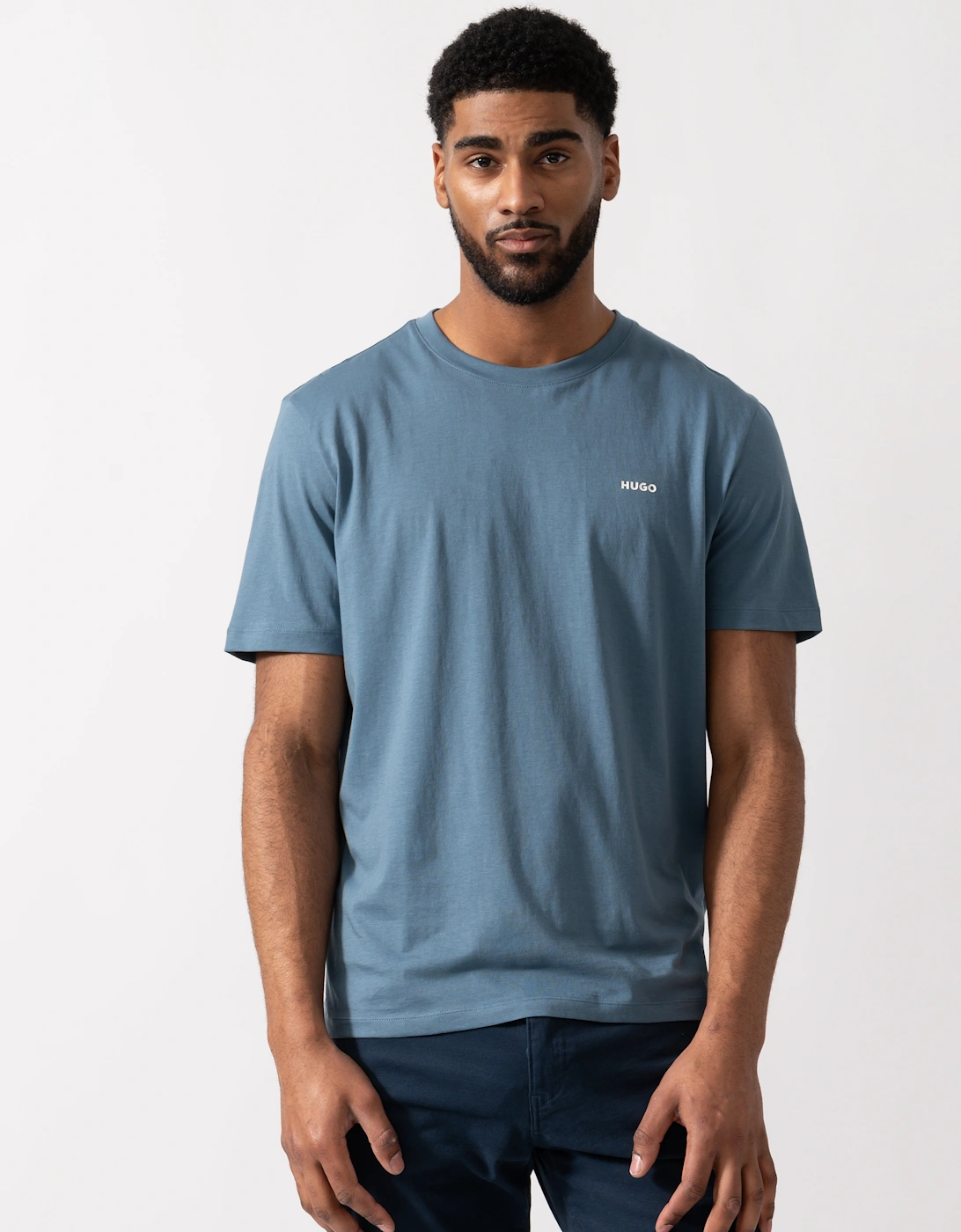 HUGO Dero222 Cotton-Jersey T-Shirt with Logo Print - Open Blue 496, 5 of 4