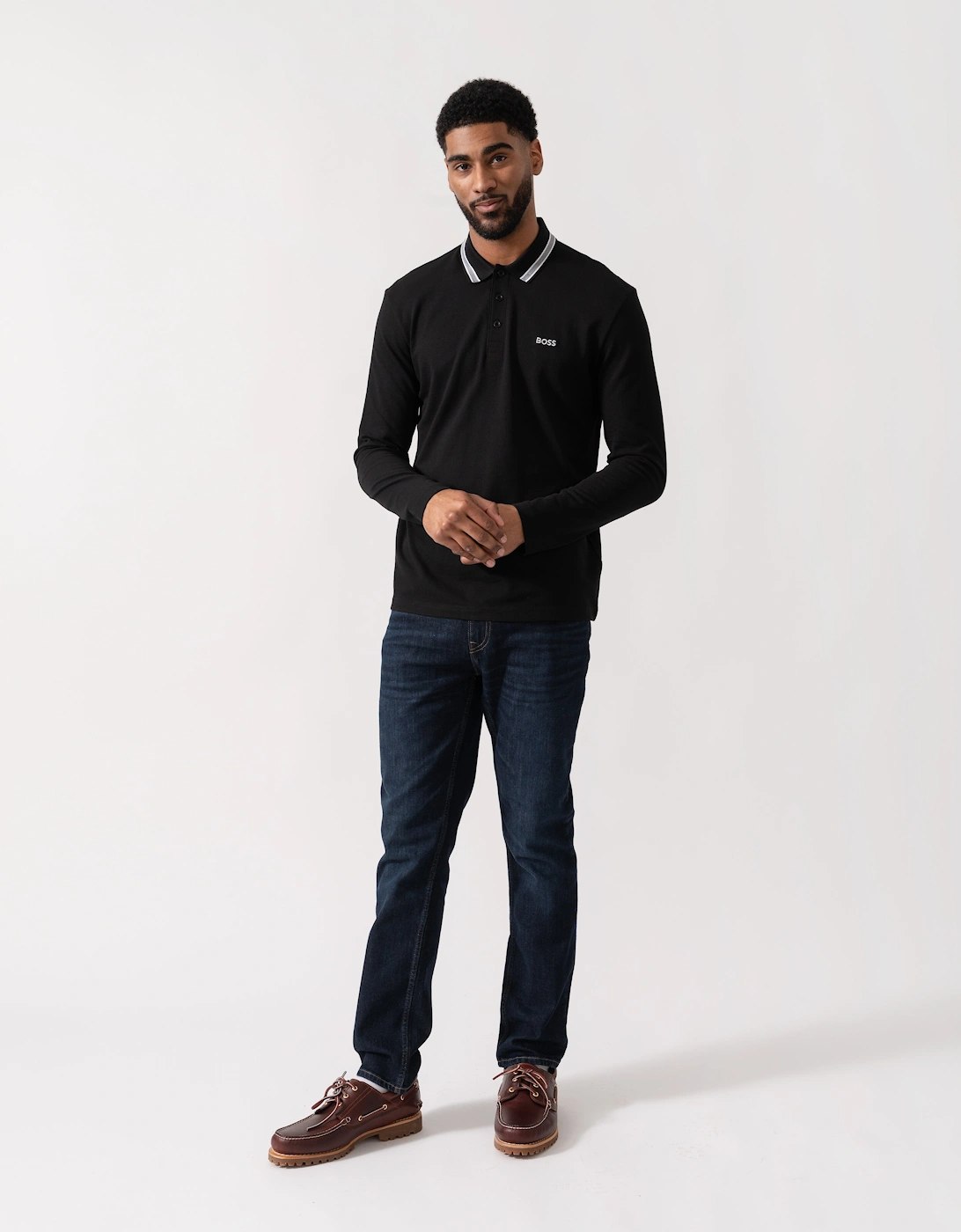 BOSS Green Mens Plisy Long Sleeve Polo Shirt - Black 001