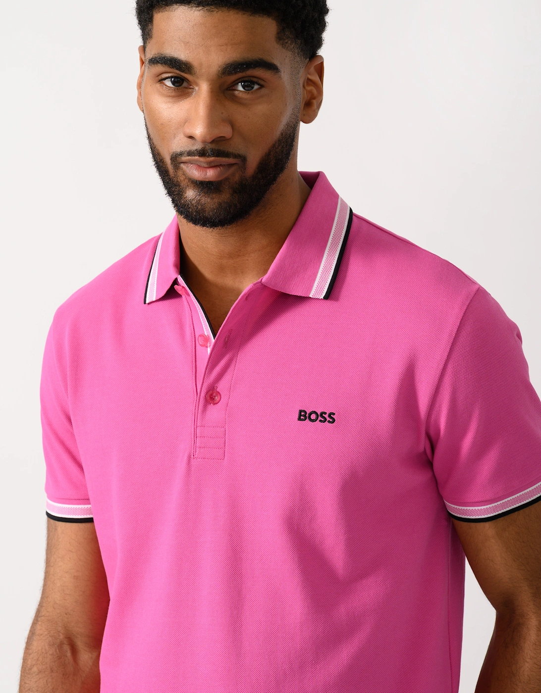BOSS Green Paddy Mens Cotton-Piqué Polo Shirt with Contrast Logo - Bright Pink 671