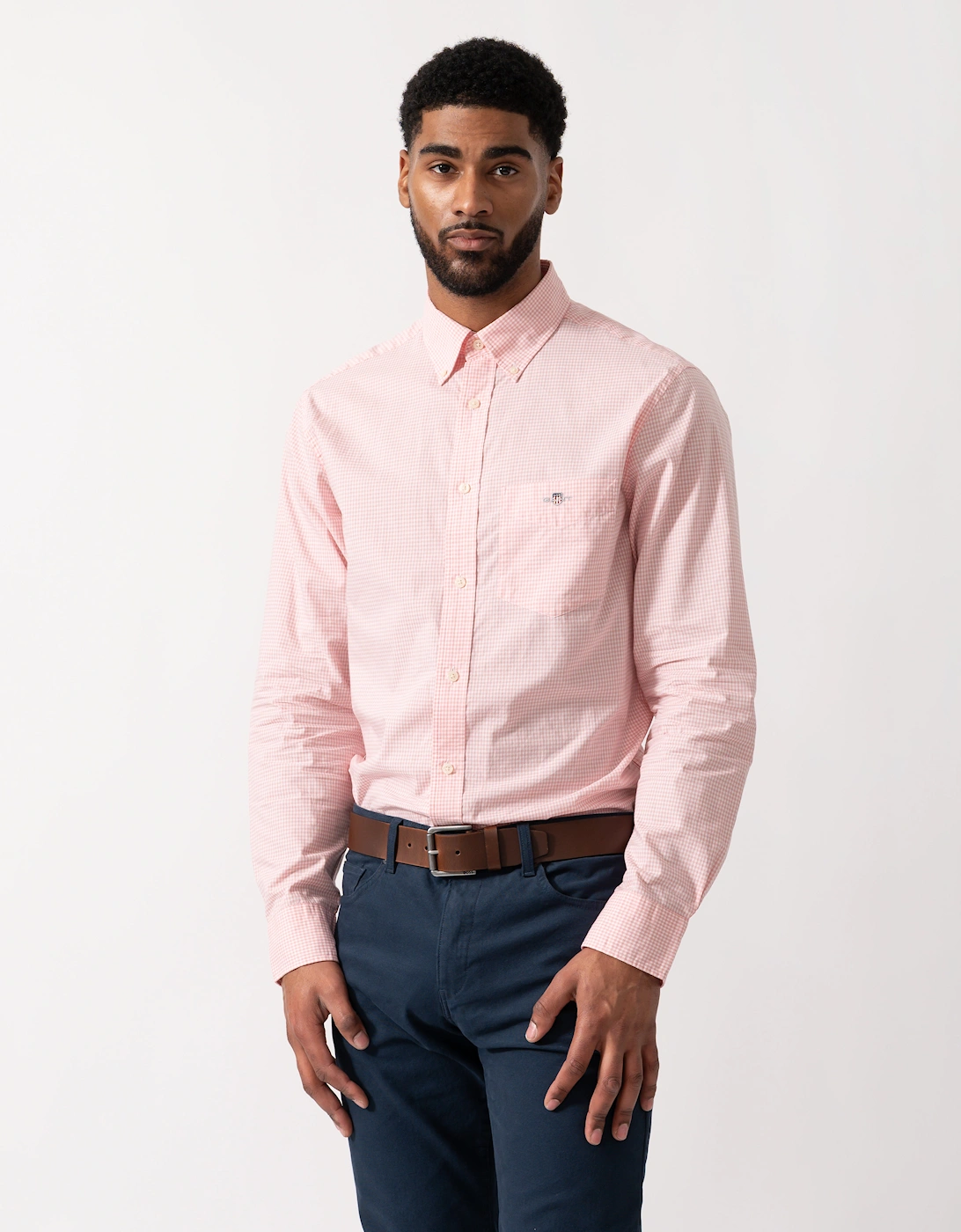 Mens Regular Fit Classic Poplin Gingham Shirt - 666 Washed Pink, 5 of 4