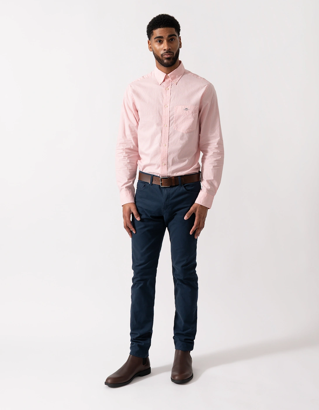 Mens Regular Fit Classic Poplin Gingham Shirt - 666 Washed Pink