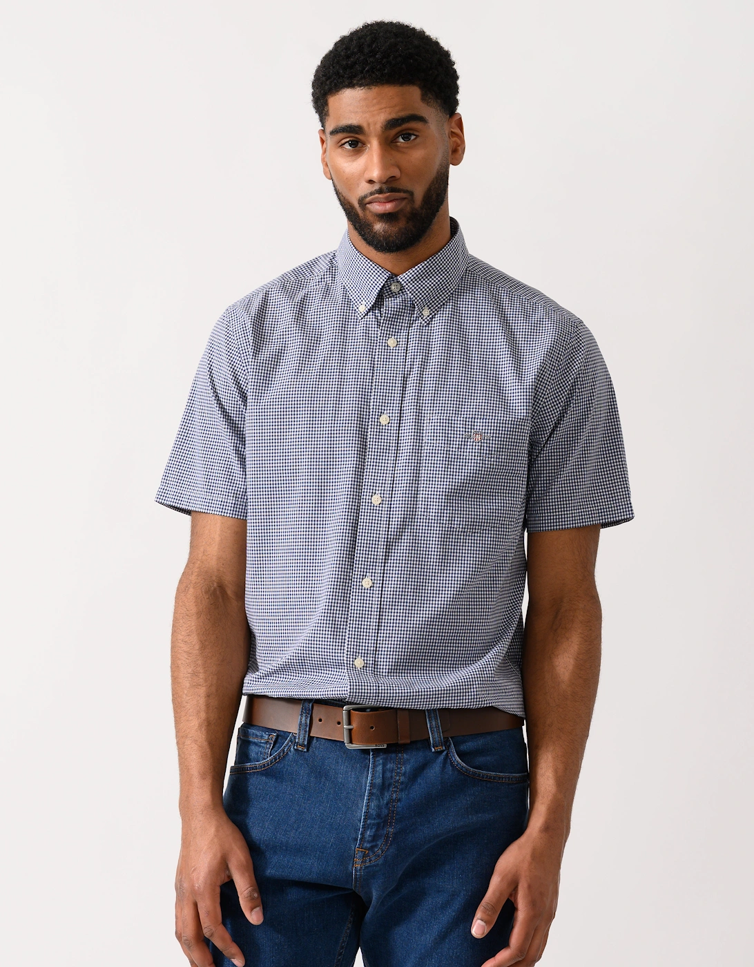 Gant Men's Grey Regular Fit Classic Poplin Gingham Short Sleeve Shirt - 423 Persian Blue - Size 44/Regular