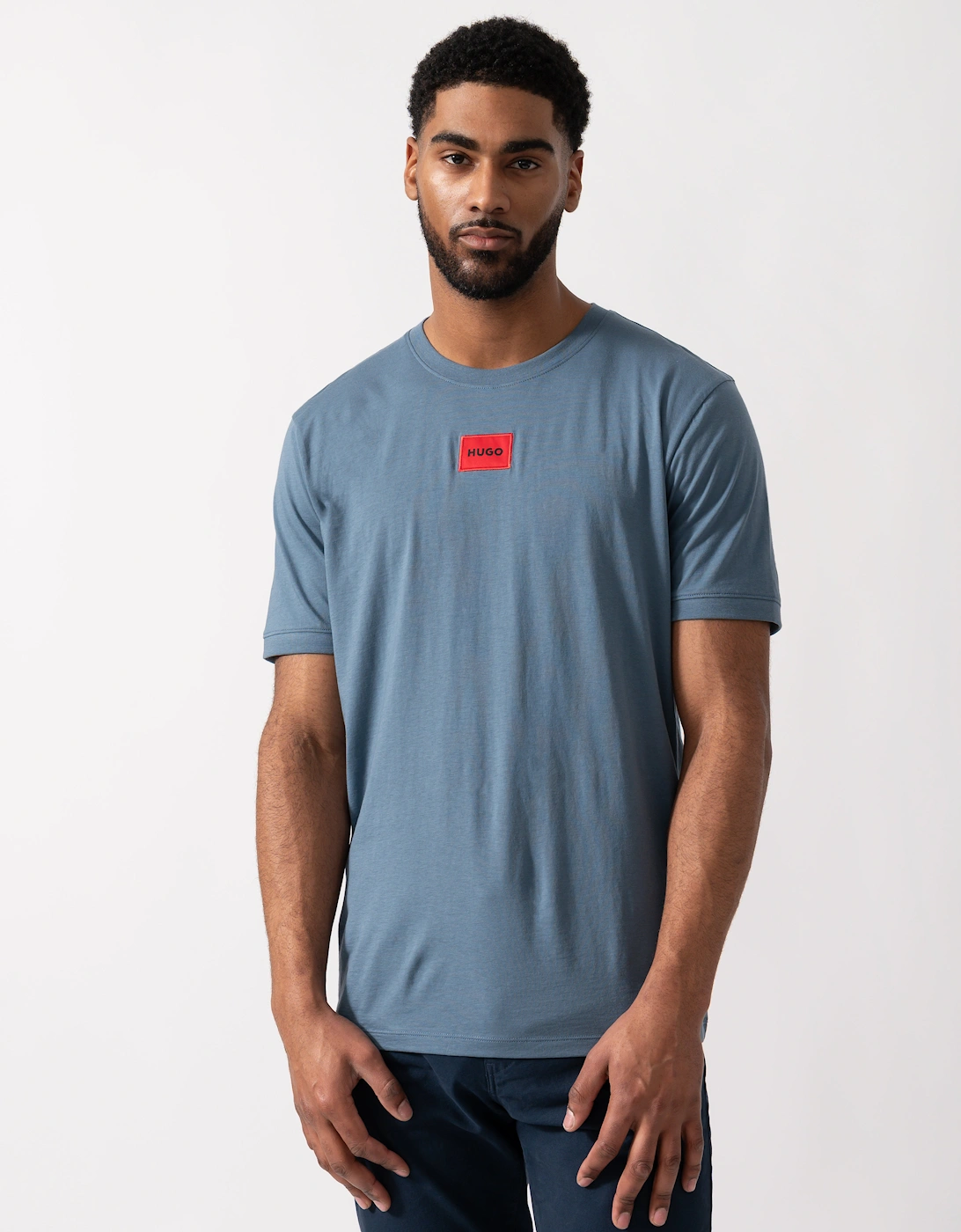 Hugo Boss Men's Blue Hugo Diragolino212 Label Logo T-Shirt - Open 496 - Size: 42