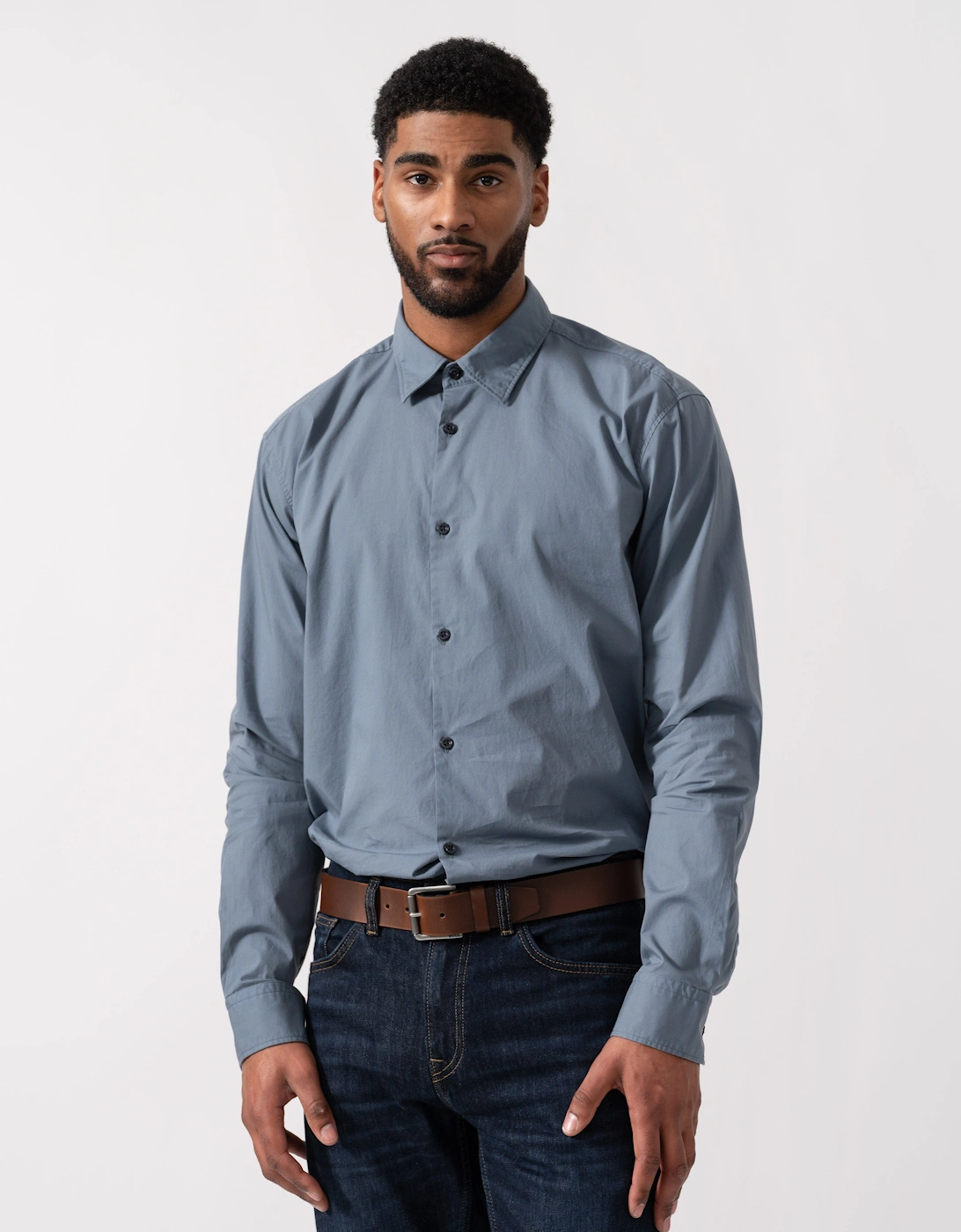 Hugo Boss Men's Grey Hugo Ermo Slim-Fit Shirt In Stretch-Cotton Canvas - Open Blue 496  40/Regular L
