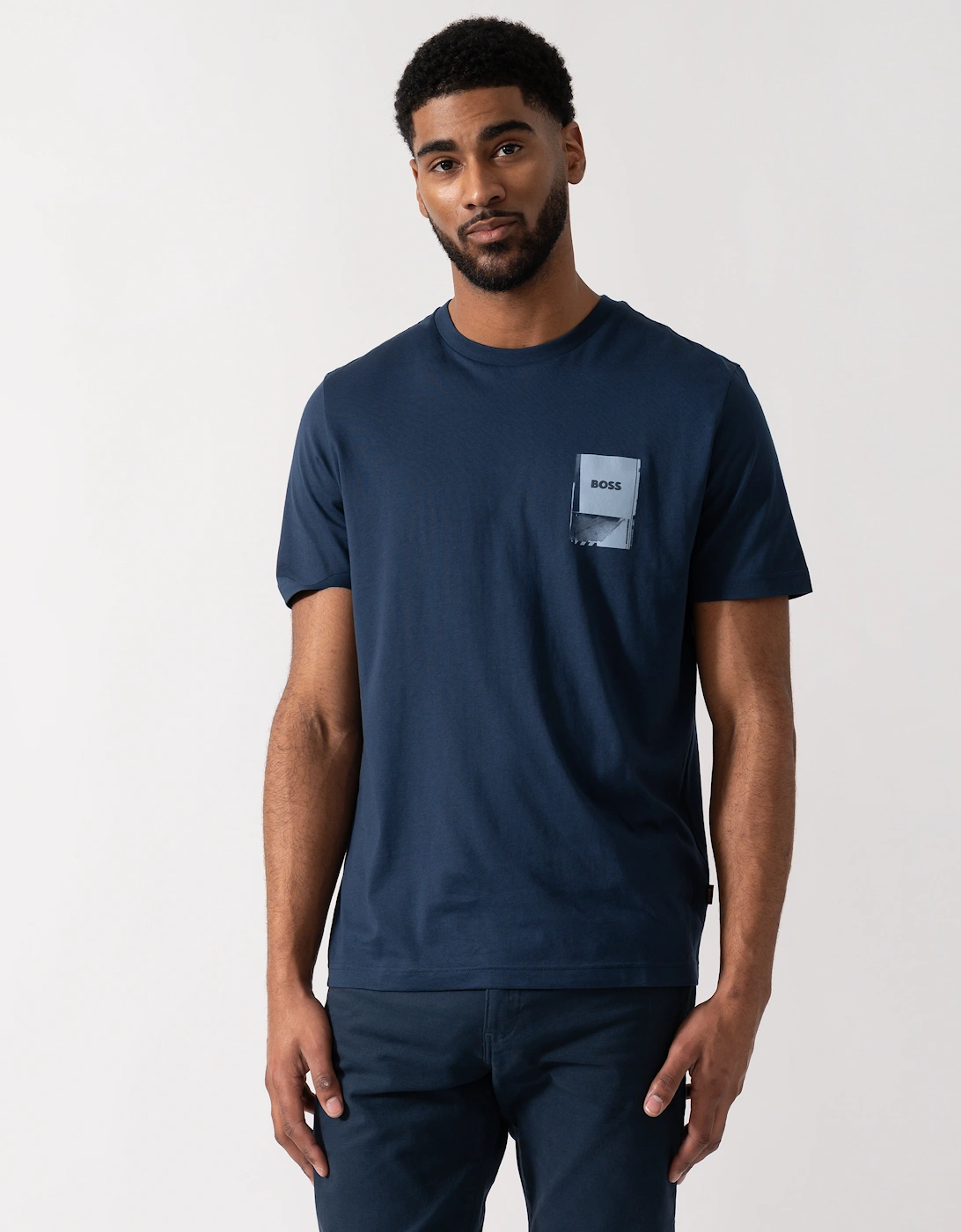 Hugo Boss Men's Boss Orange TePlain Mens Cotton-Jersey T-Shirt With Logo Artwork - Open Blue 464 - Navy - Size, 38