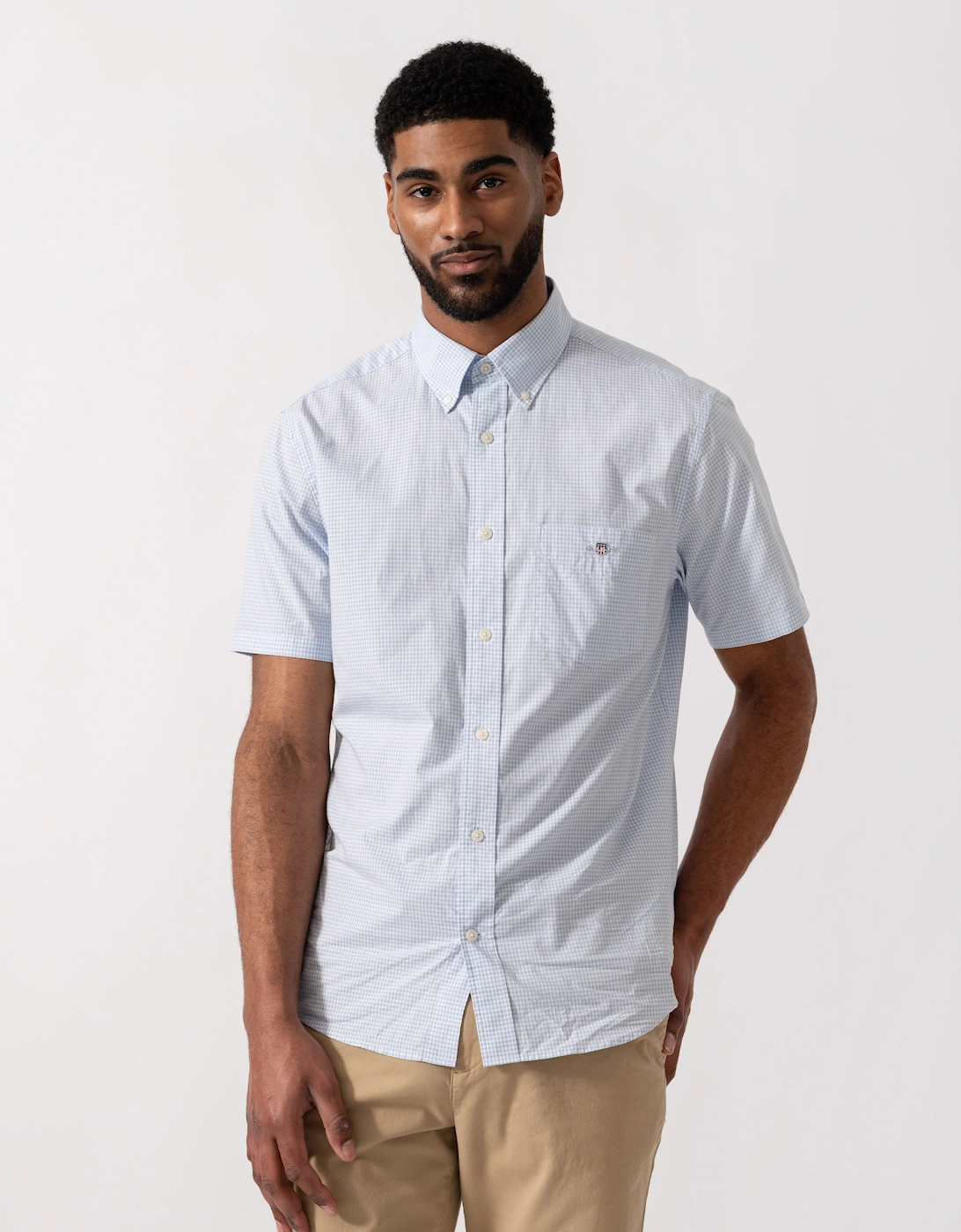 Gant Men's White Regular Fit Classic Poplin Gingham Short Sleeve Shirt - 455 Light Blue - Size 42/Regular