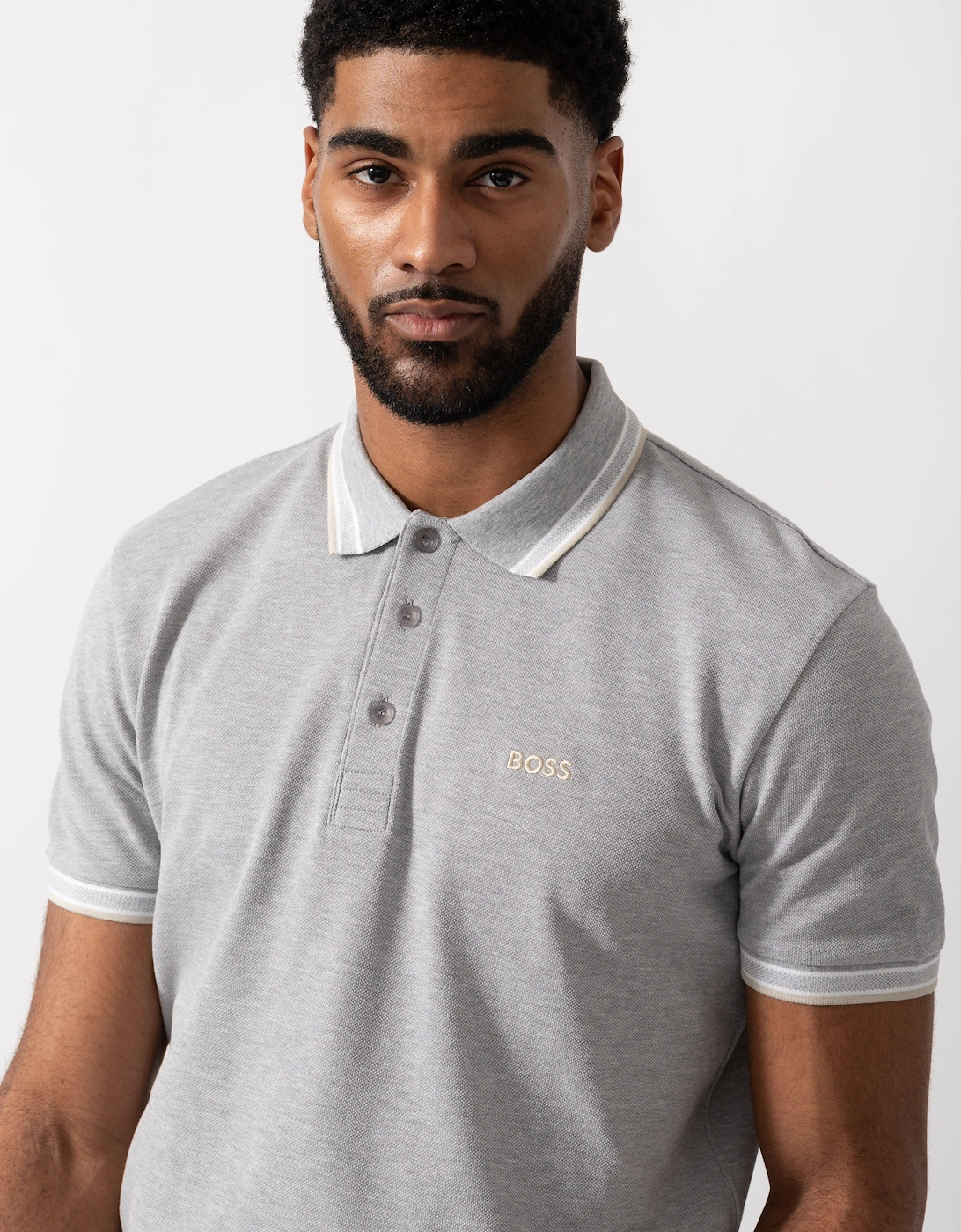 BOSS Green Paddy Mens Cotton-Piqué Polo Shirt with Contrast Logo - Silver 043