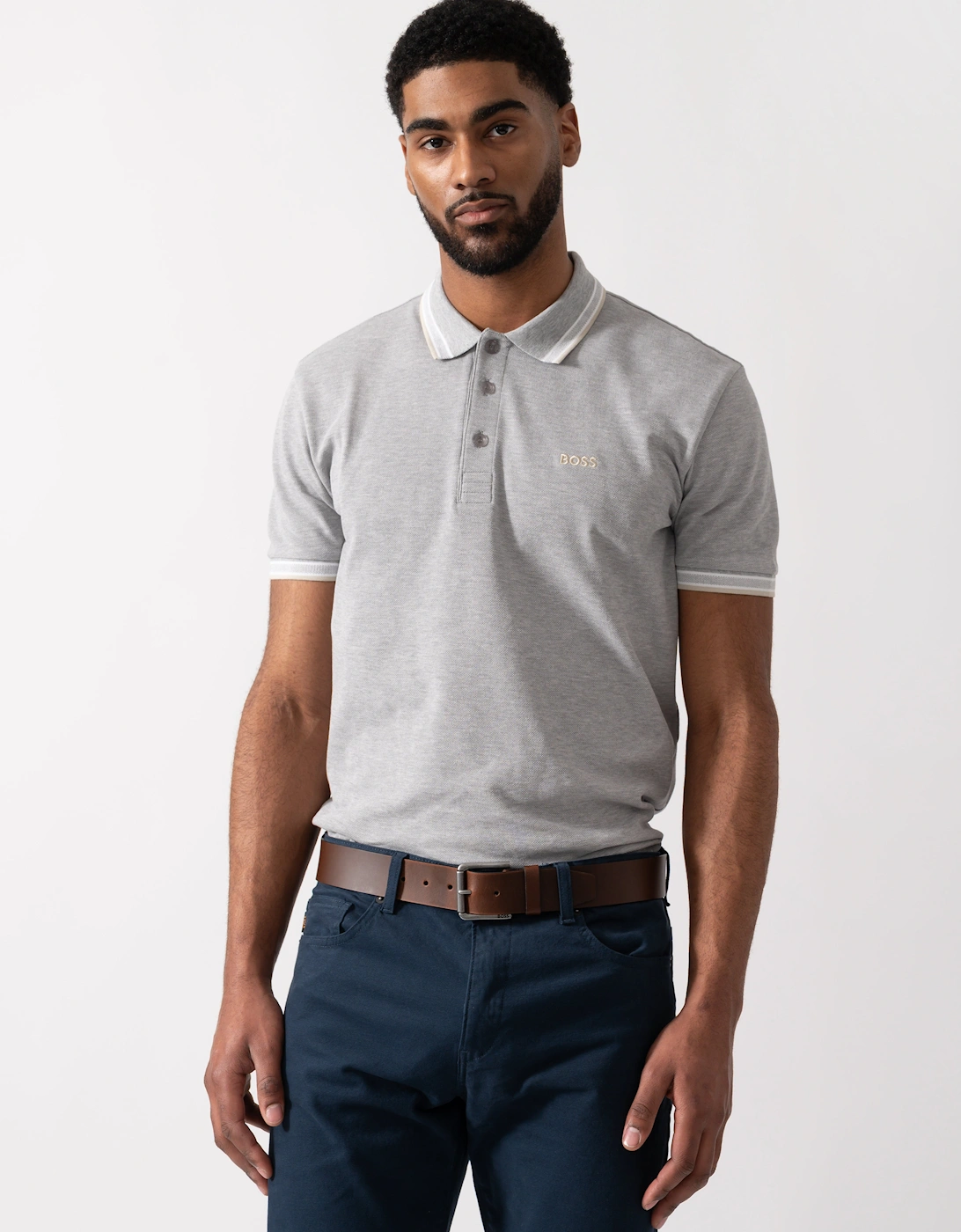 Hugo Boss Men's Grey Boss Green Paddy Cotton-Piqué Polo Shirt With Contrast Logo - Silver 043 - Size: 40