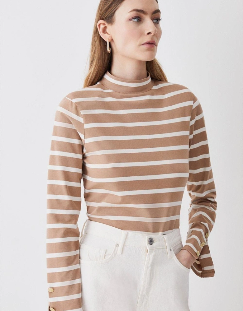 Stripe Funnel Neck Long Sleeve Strong Shoulder Cotton Top
