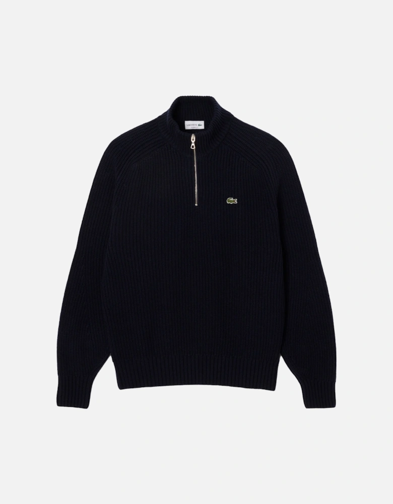 Zipped High Neck Wool Sweater Dark Navy