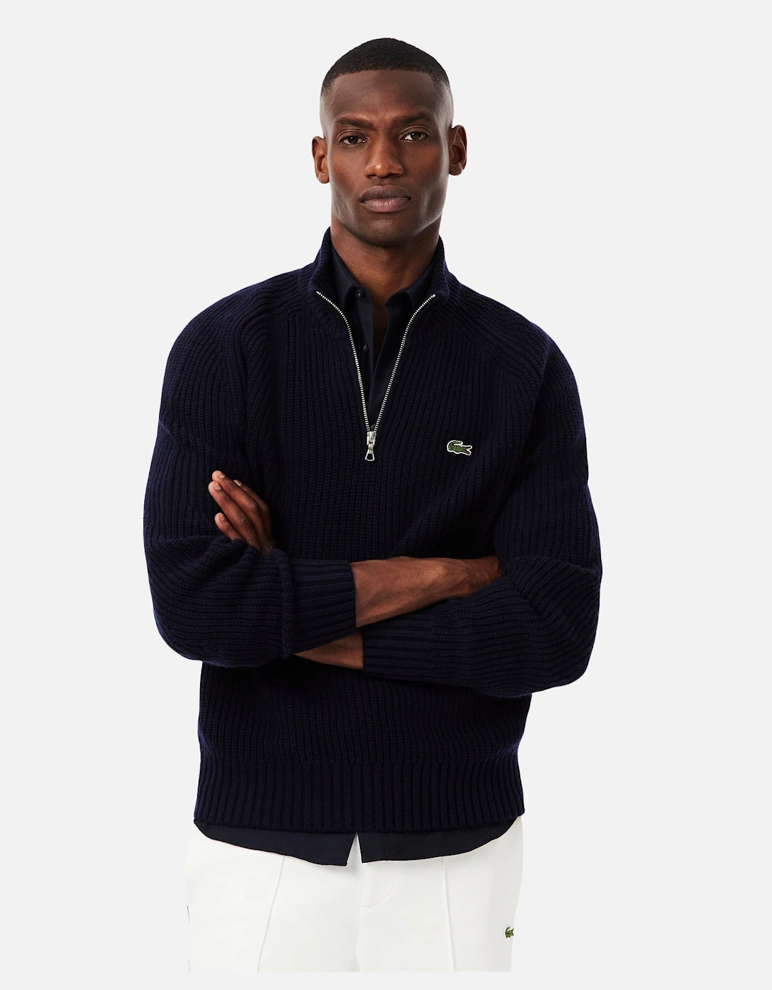 Zipped High Neck Wool Sweater Dark Navy