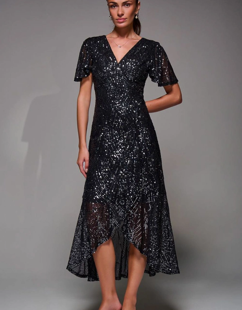 Sequin Angel Sleeve Ruffle Hem Maxi Dress