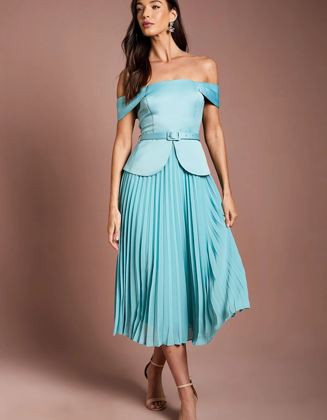 Satin Bardot Top Pleat Skirt Midi Dress, 2 of 1