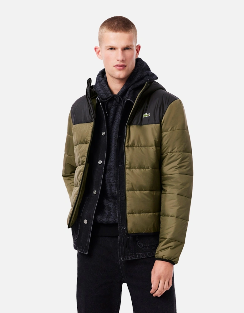 Water-Repellent Quilted Puffer Jacket Khaki Green/Black