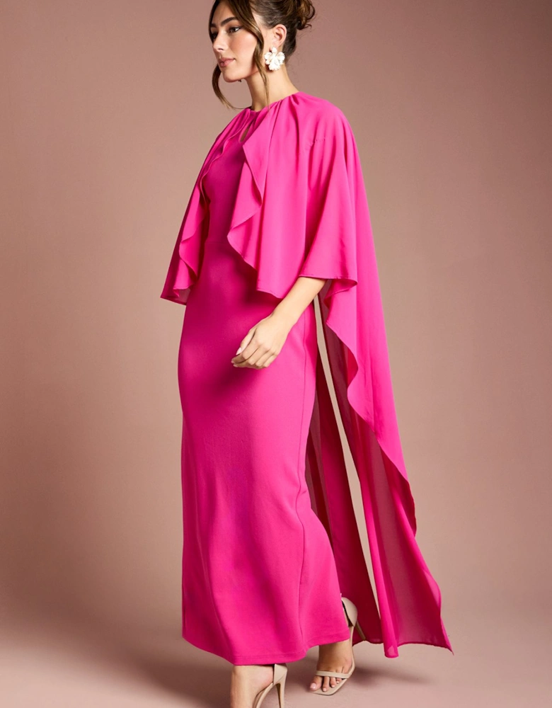 Ruffle Chiffon Cape Crepe Maxi Dress