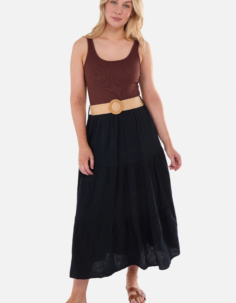Black Cotton Seersucker Belted Maxi Skirt