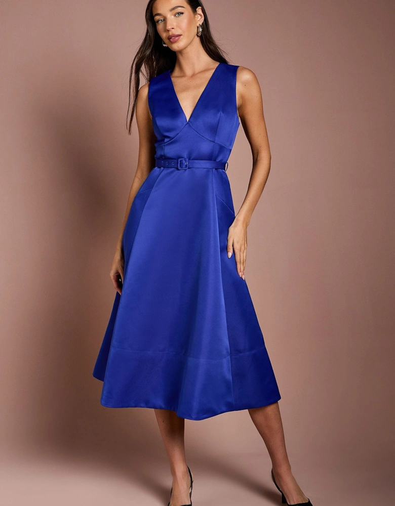 V Neck Structured Satin Belted Midi Dress