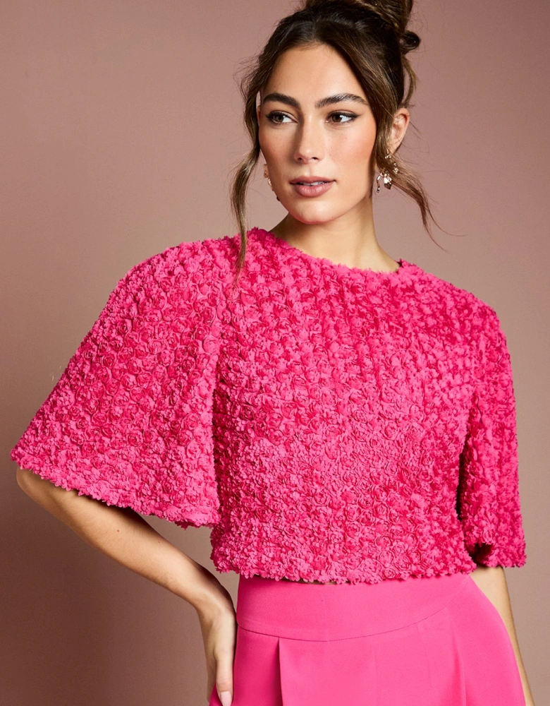 3D Floral Blouse With Organza Tie