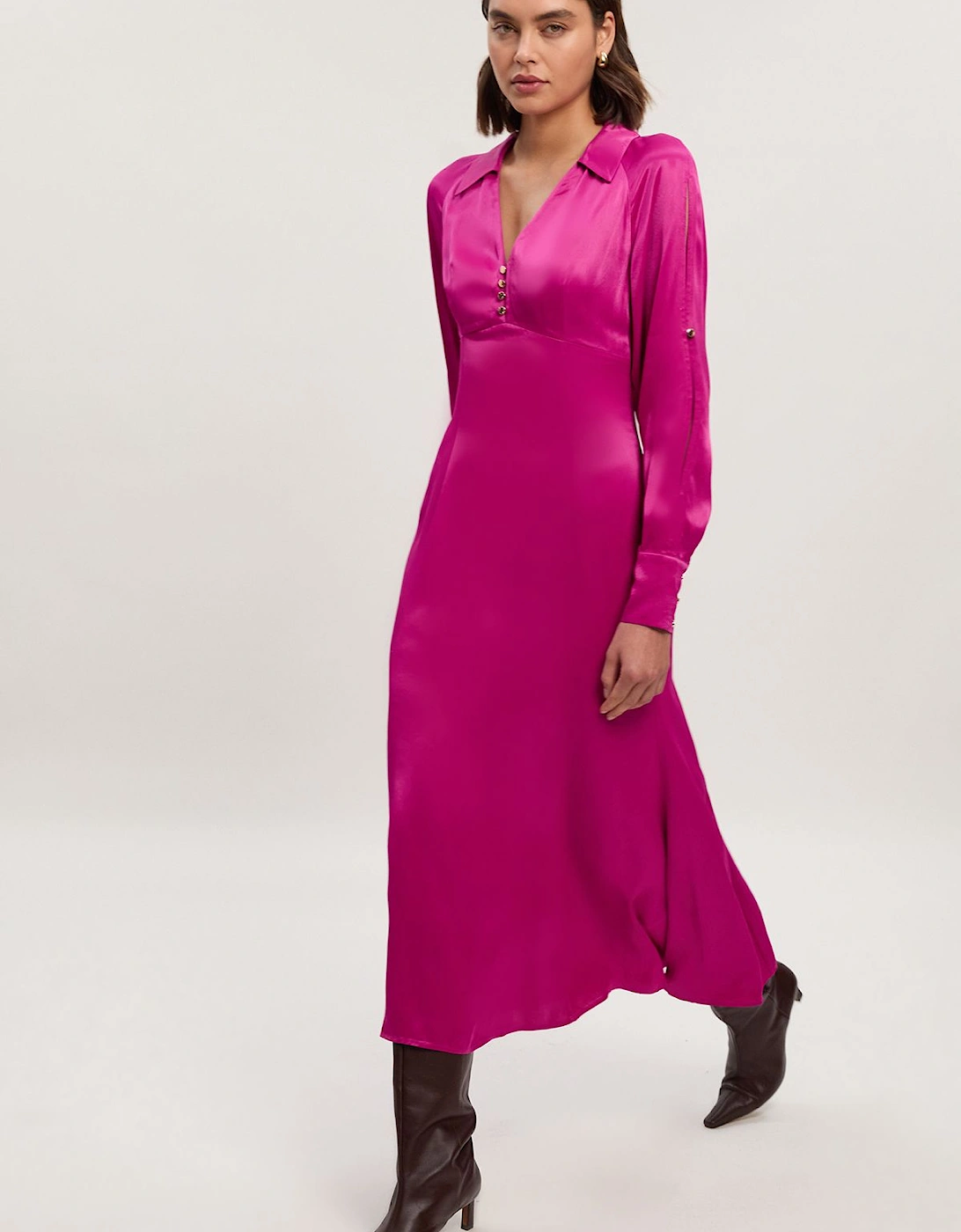 Viscose Satin V Neck Long Sleeve Woven Midi Dress, 2 of 1