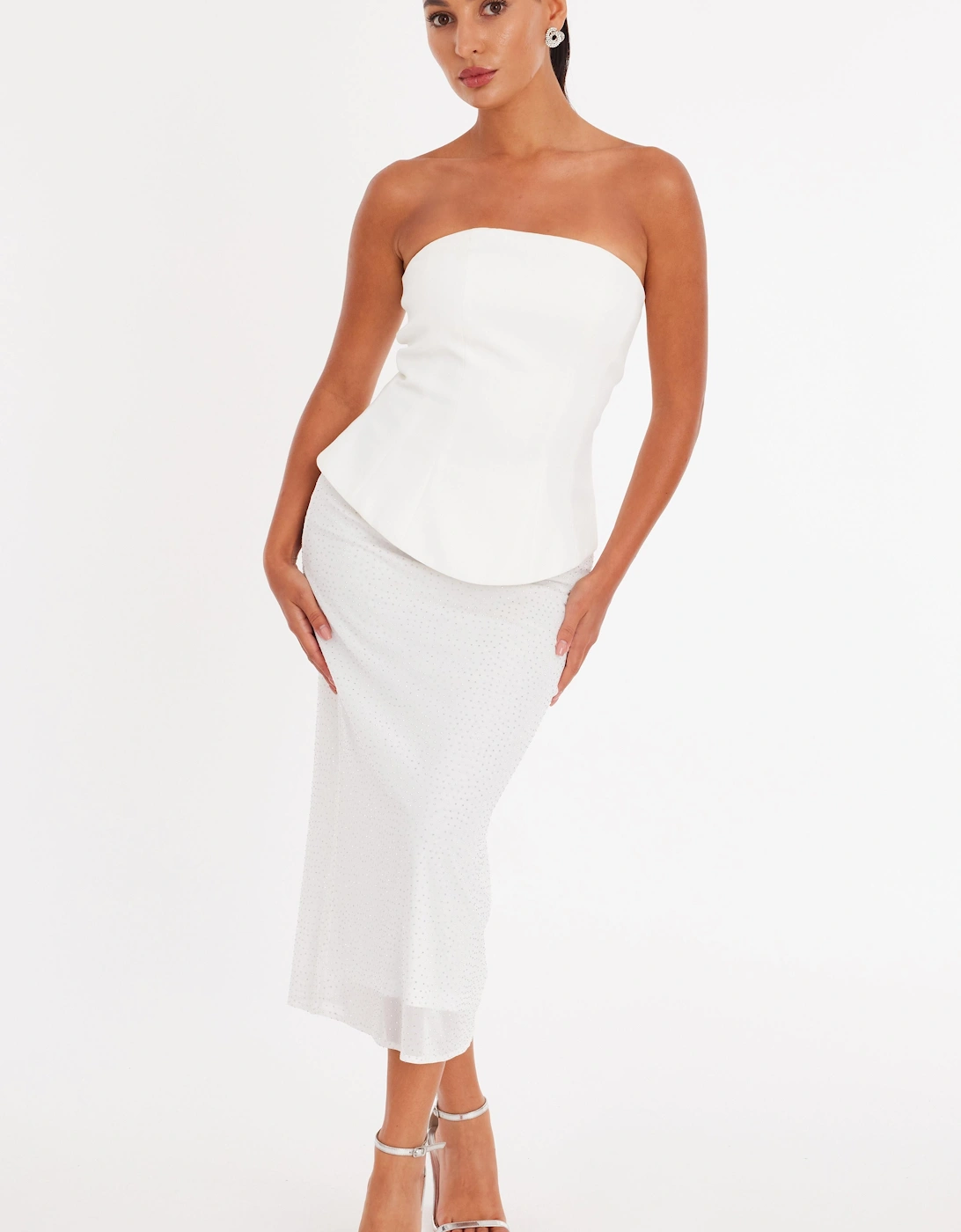 White Petite Glitter Mesh Bandeau Midaxi Dress, 2 of 1