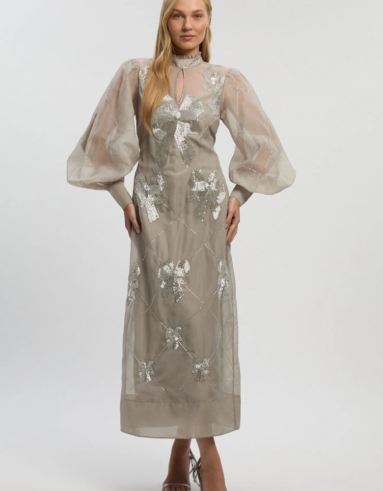 Crystal Embellished Organdie Balloon Sleeve Midi Dress