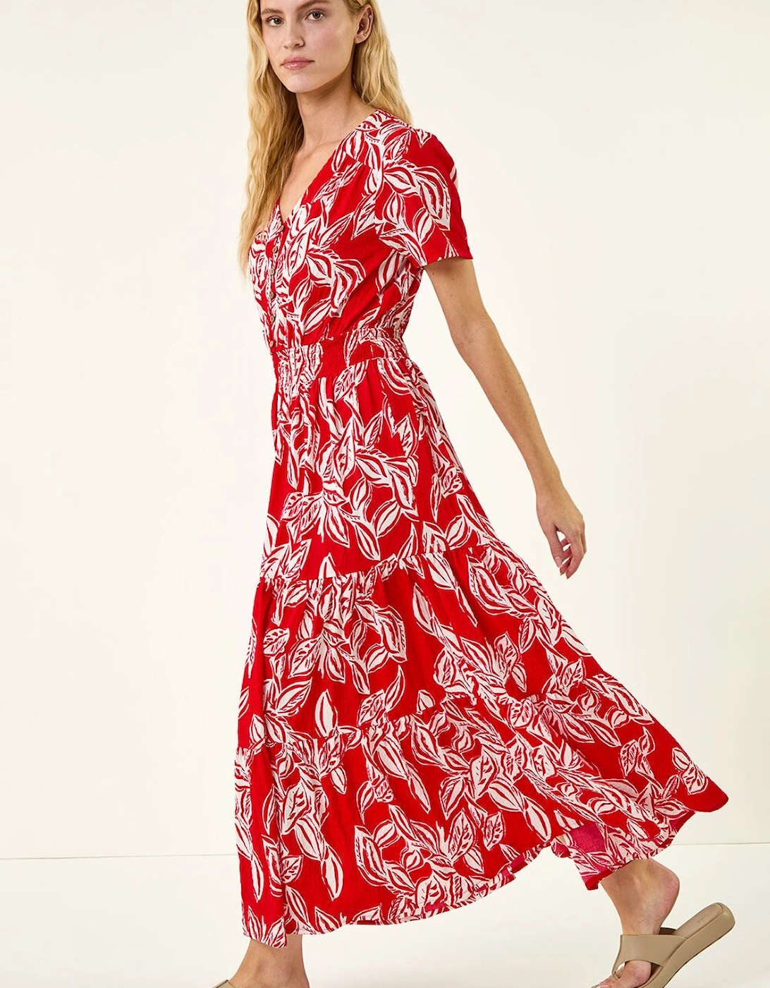Leaf Print Shirred Maxi Dress, 2 of 1