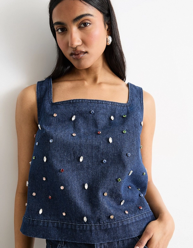 Hotfix Embellished Denim Square Neck Top