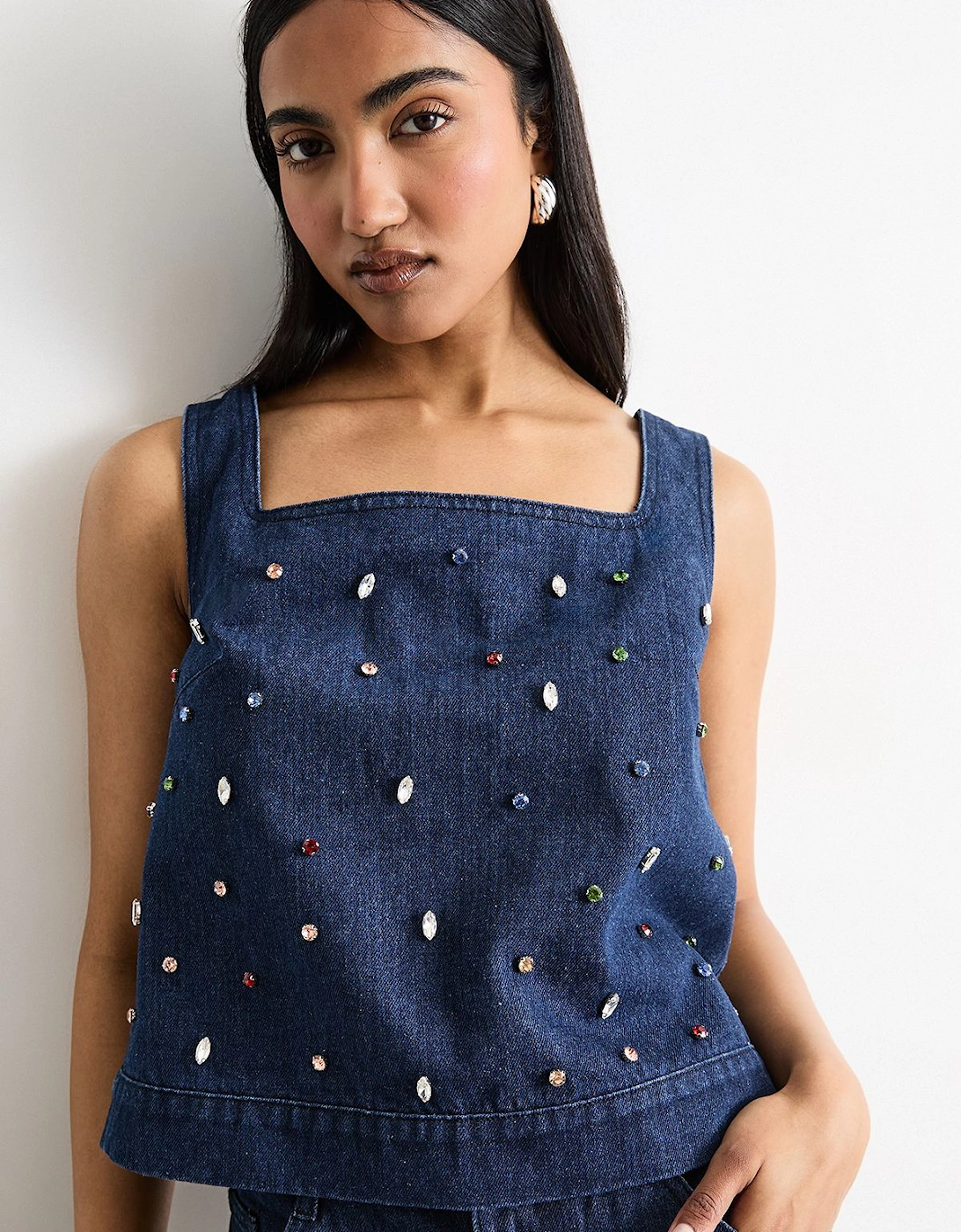 Hotfix Embellished Denim Square Neck Top, 2 of 1