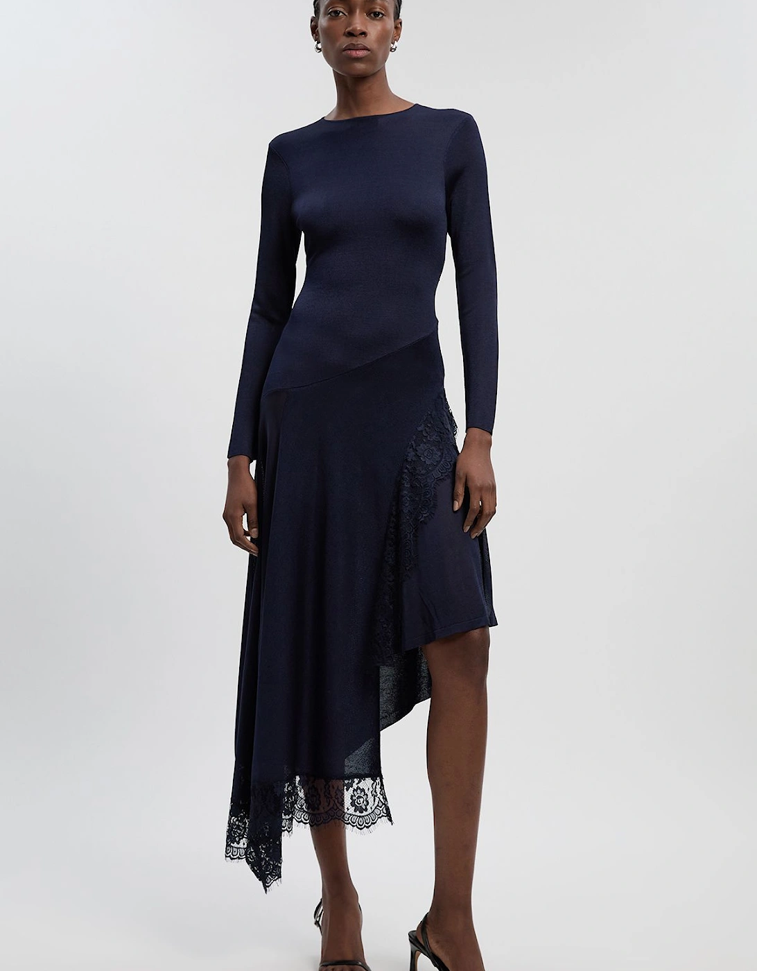 Viscose Blend Slinky Sheer Lace Detail Asymmetric Knit Maxi Dress, 2 of 1