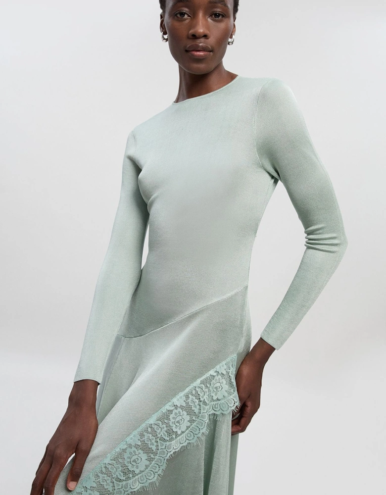 Viscose Blend Slinky Sheer Lace Detail Asymmetric Knit Maxi Dress