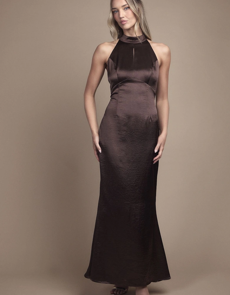 Satin Halter Neck Key Hole Detail Maxi Bridesmaid Dress