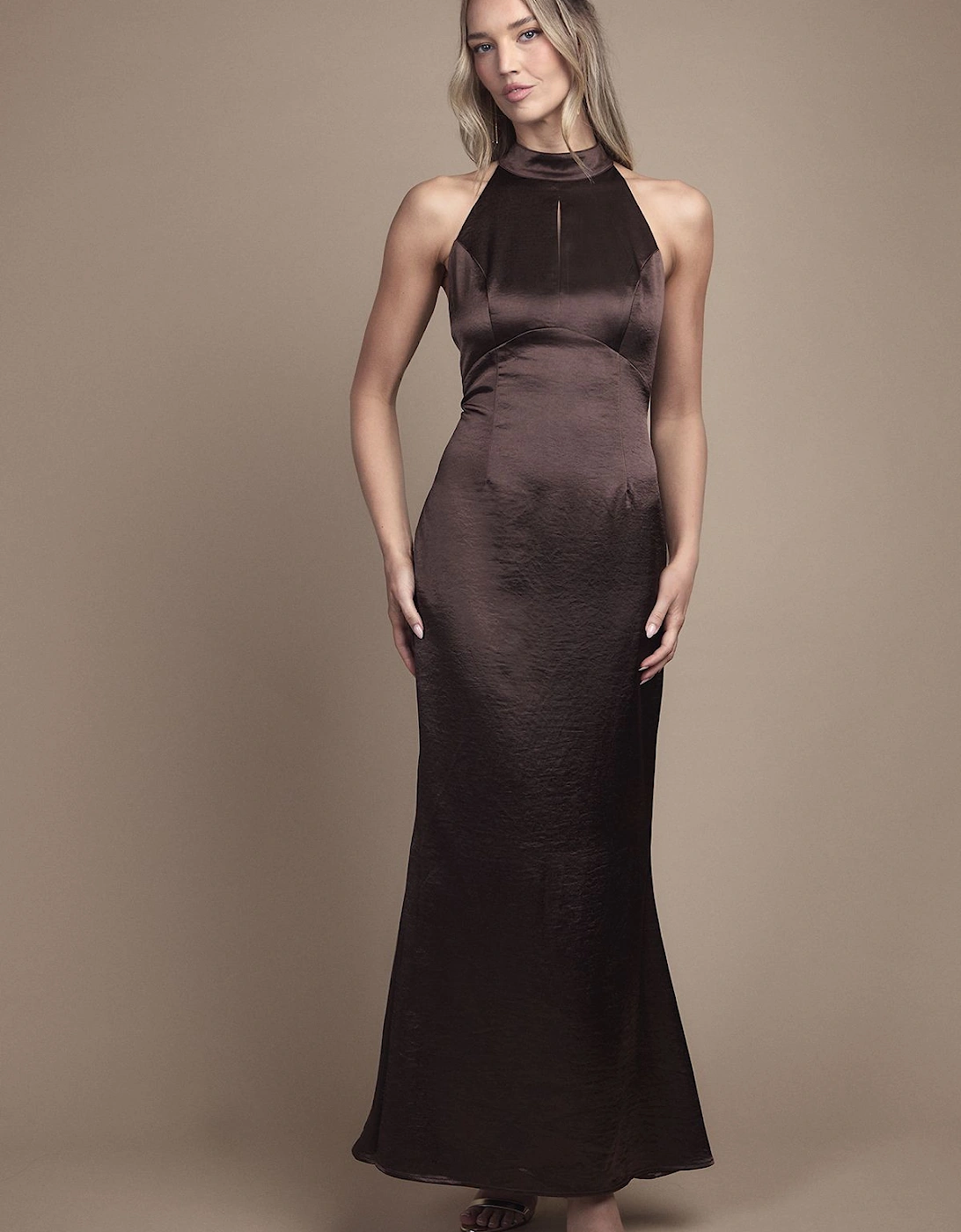 Satin Halter Neck Key Hole Detail Maxi Bridesmaid Dress, 2 of 1