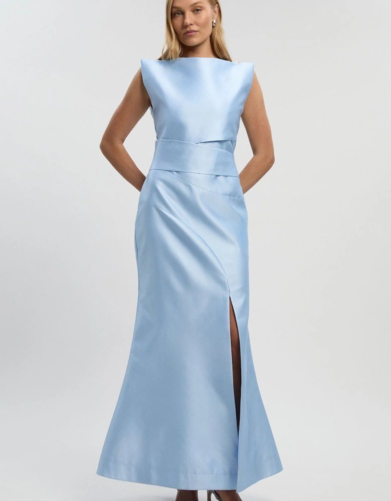 Satin Twill Draped Waist Structured Tailored Maxi Dress