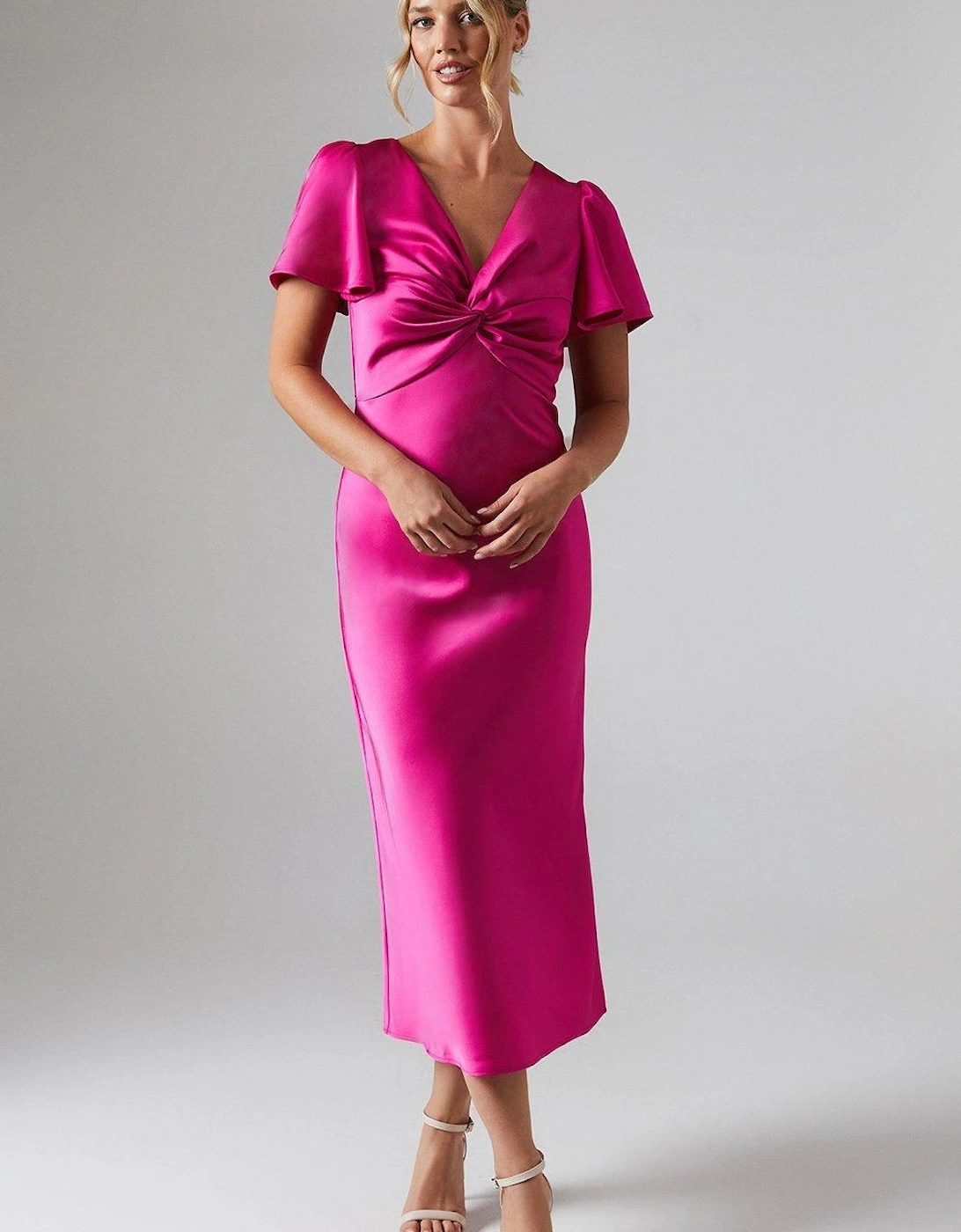 Satin Twist Front Angel Sleeve Midi Bridesmaid Dress, 2 of 1