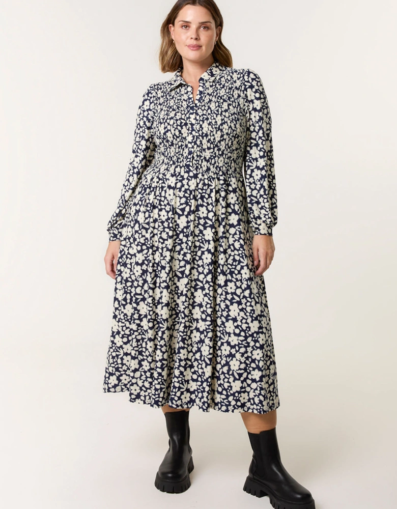 Navy Curve Ditsy Floral Shirred Midi Shirt Dress