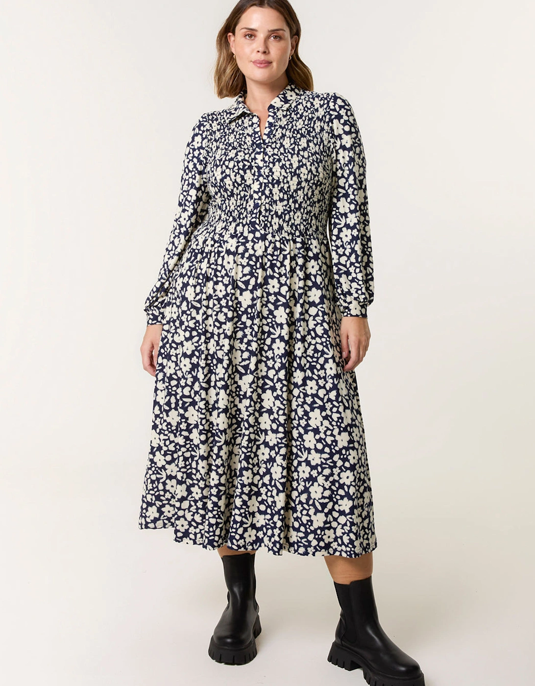 Navy Curve Ditsy Floral Shirred Midi Shirt Dress, 2 of 1
