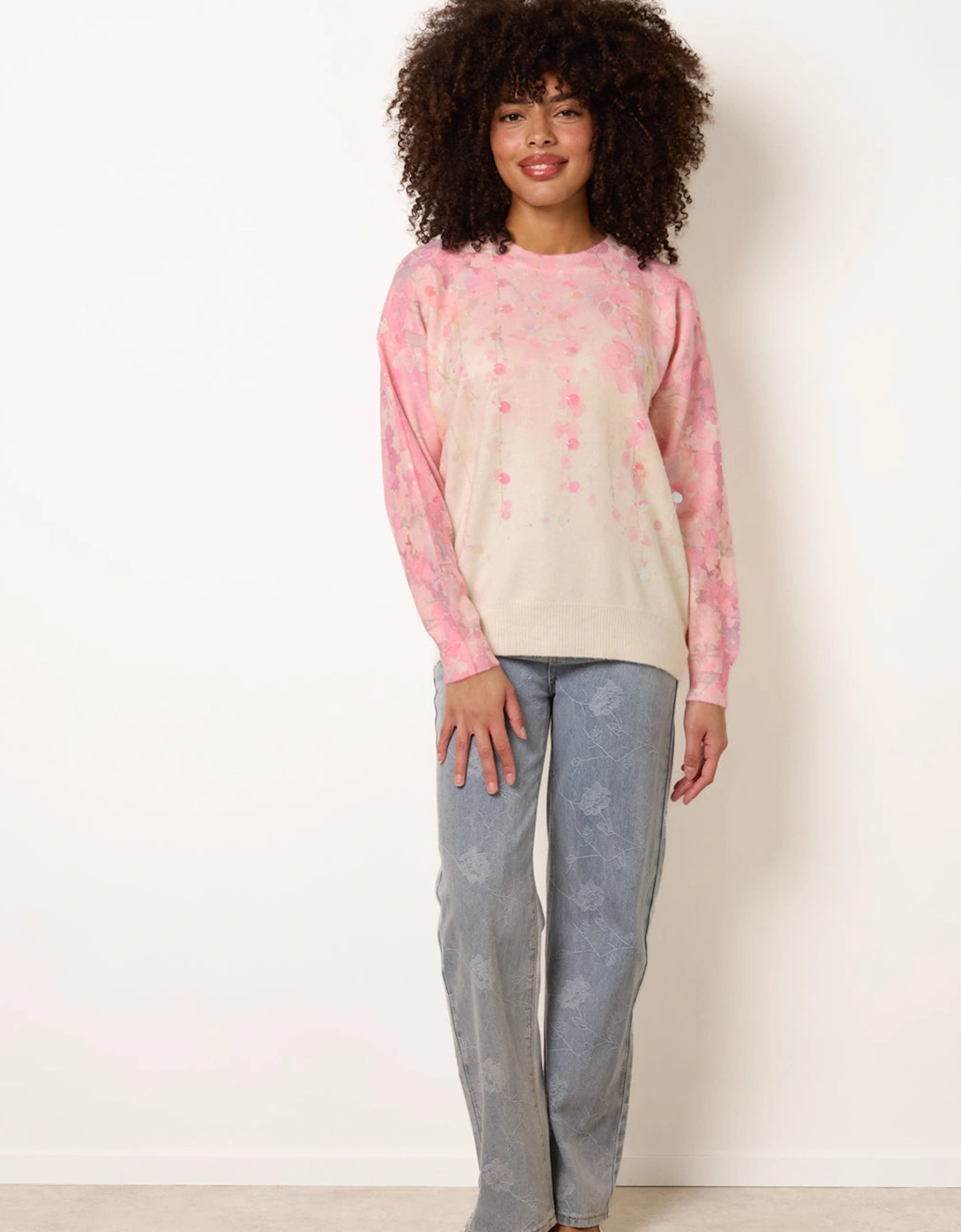 Pink Floral Printed Jumper with Disc Sequin Detailing, 2 of 1