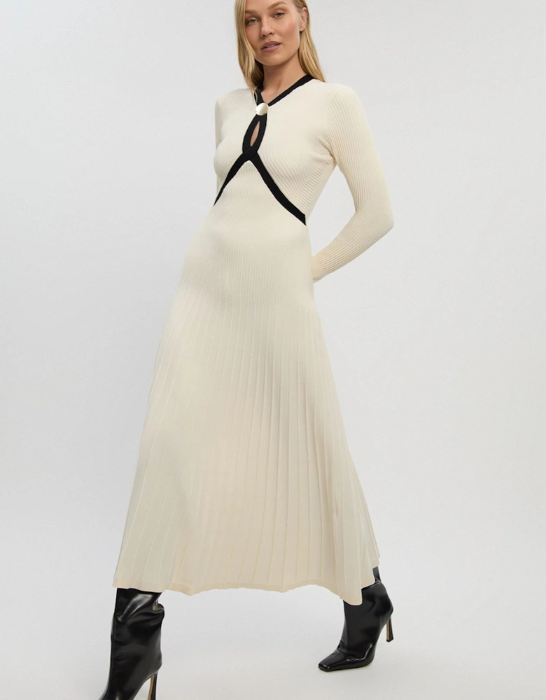 Rib Knit Trim Detail Full Skirt Midi Dress