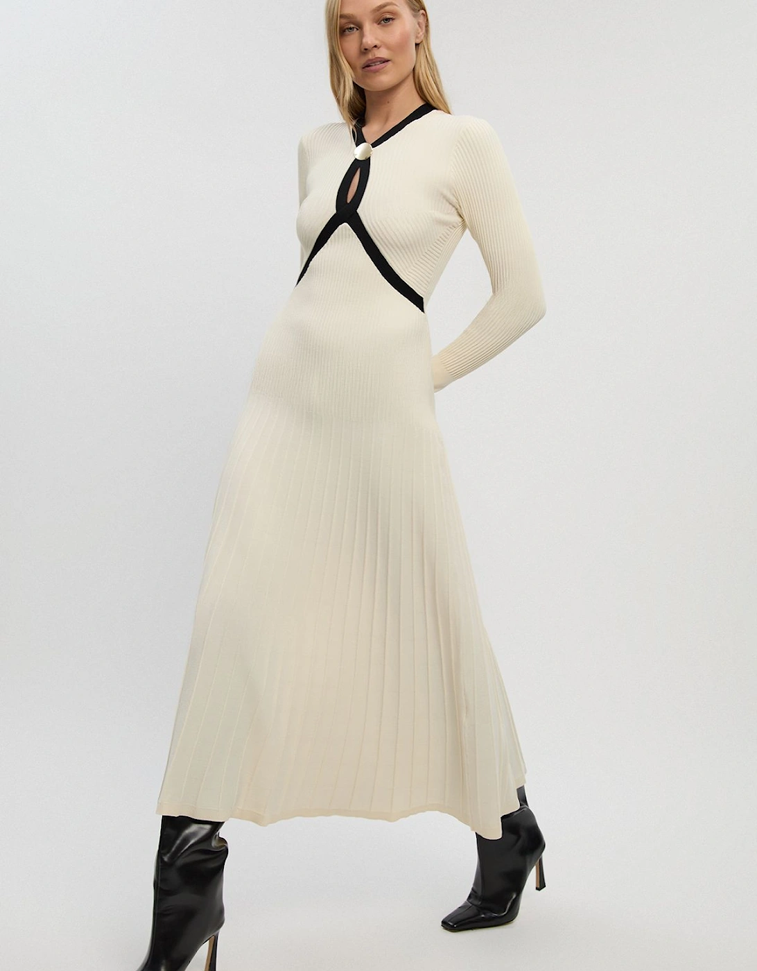 Rib Knit Trim Detail Full Skirt Midi Dress, 2 of 1